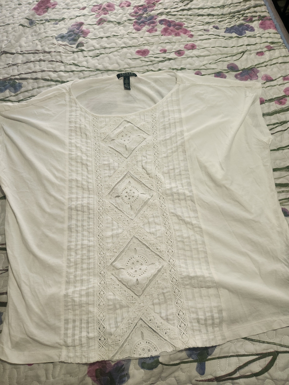 Lauren Ralph Lauren White Crochet-Trim Scoop Neck Women's Top